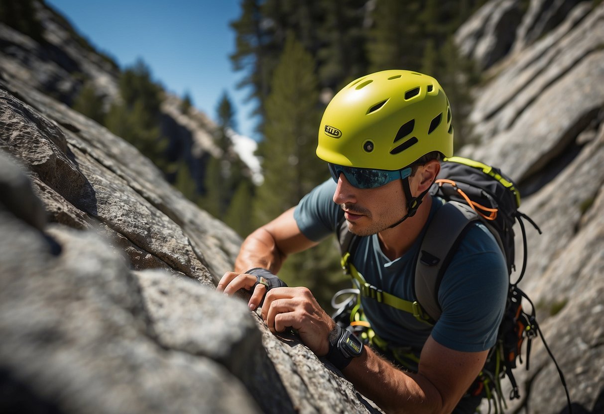 A climber wearing the Edelrid Shield II helmet ascends a rocky cliff with safety gear attached. The helmet features a durable shell and comfortable padding for maximum protection