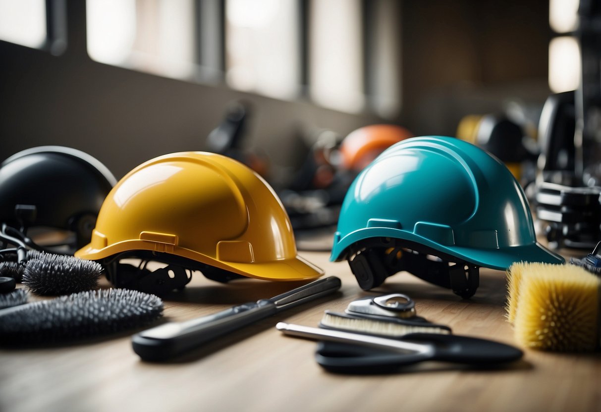 A table with climbing helmets, brushes, and cleaning supplies. A poster showing helmet lifespan guidelines. Bright lighting and a clean, organized workspace