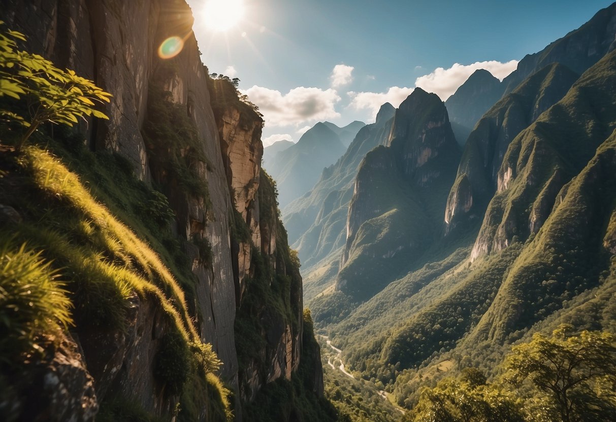 A towering rock face stands against a backdrop of lush greenery and jagged peaks. The sun casts a warm glow on the rugged surface, highlighting the various handholds and crevices that mark the climbing route