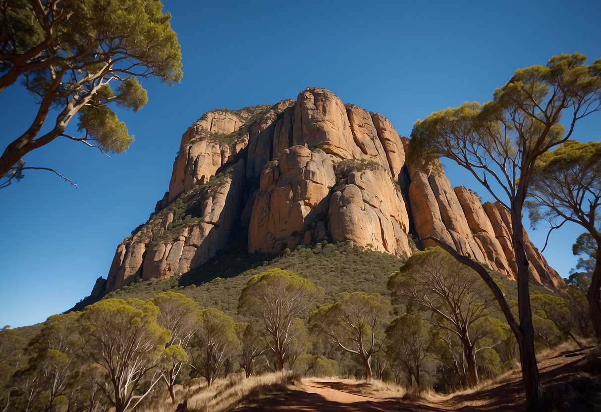 Mount Arapiles stands tall against the clear blue sky, surrounded by lush greenery. The rugged rock face is dotted with colorful climbing routes, creating a picturesque scene for adventurers