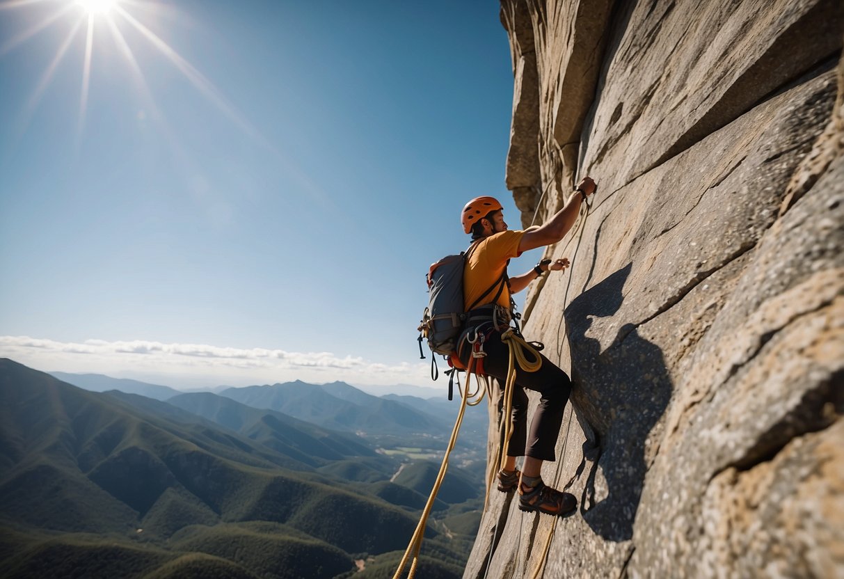 A climber secures their harness and rope before ascending a stunning rock face with picturesque scenery in the background