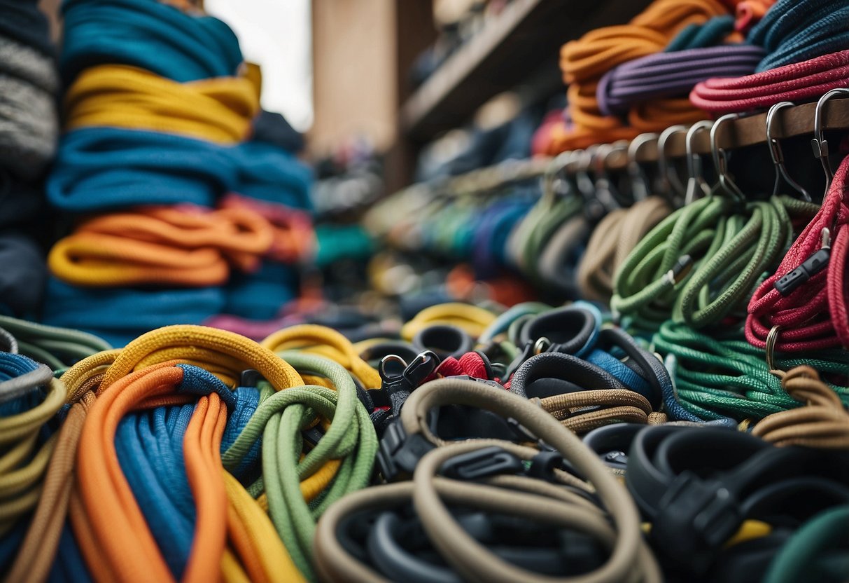 Ropes, harnesses, and carabiners lay neatly organized next to a colorful array of climbing shoes. A chalk bag sits open, ready to be used, as the backdrop showcases stunning images of scenic climbing routes around the world