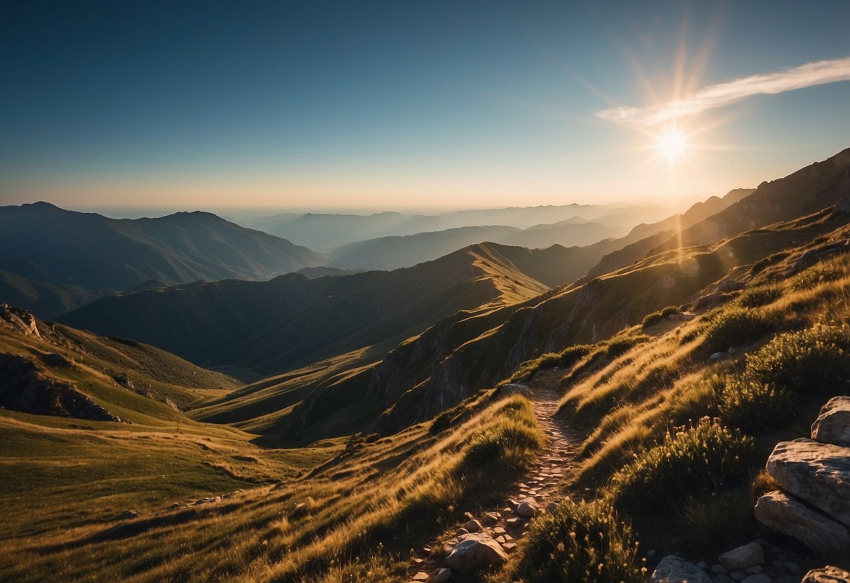 A rugged mountain peak overlooks a lush valley below, with a winding trail leading up to the summit. The sky is clear, and the sun casts a warm glow over the landscape