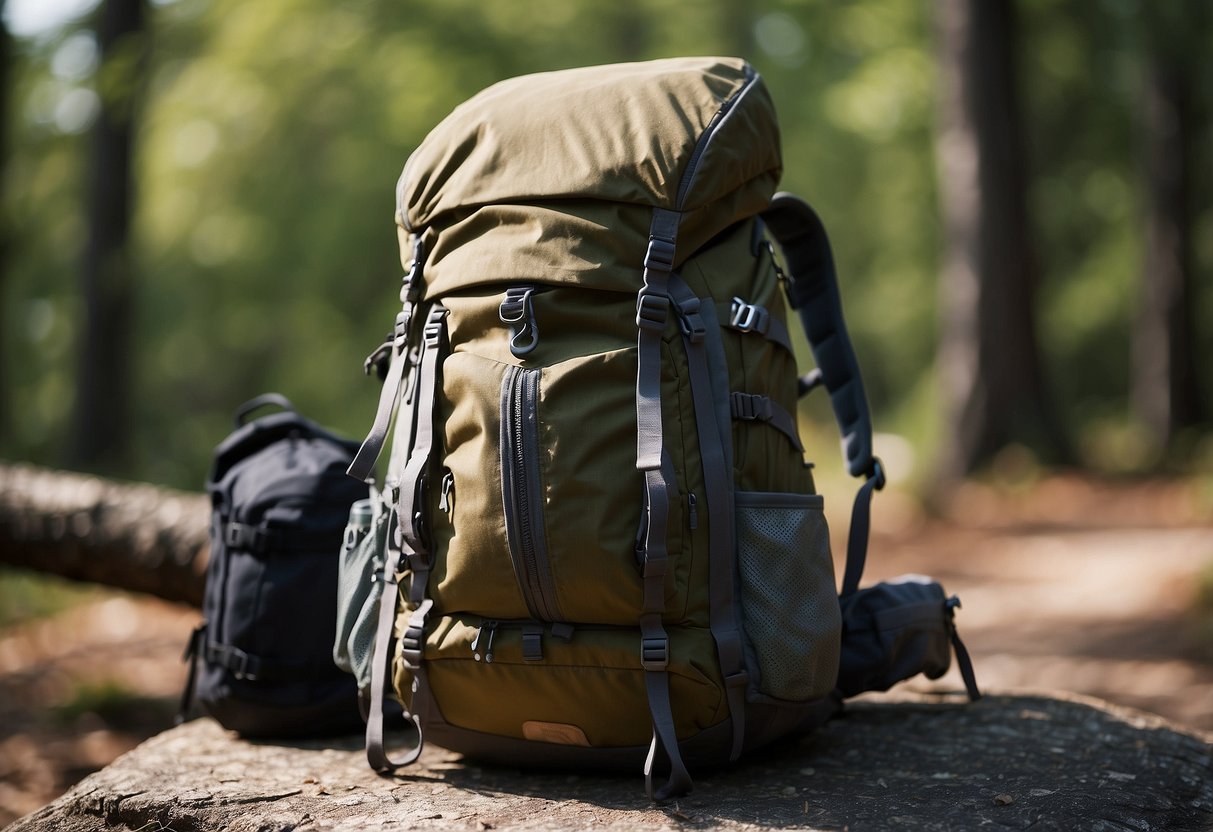 A backpack open on the ground, filled with climbing gear neatly organized. A checklist with items crossed off. A map and guidebook nearby