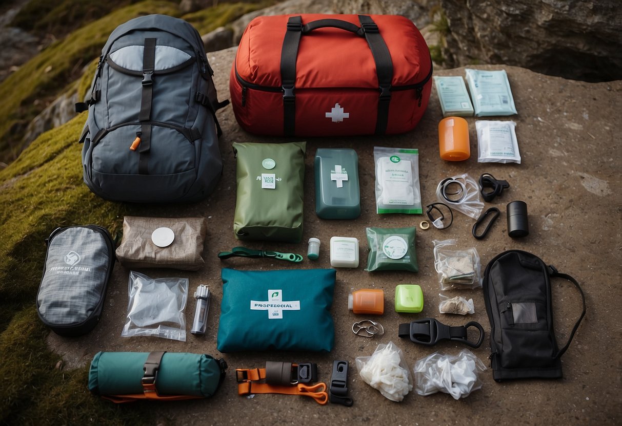 A compact first aid kit sits next to climbing gear and a packed backpack, ready for a climbing trip