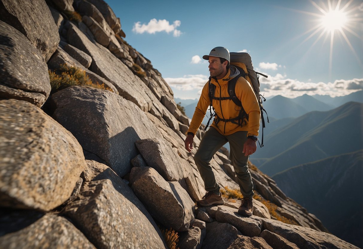 A mountain climber stands on a rocky ledge, wearing lightweight, breathable apparel. The sun shines down on the rugged terrain as the climber prepares to ascend