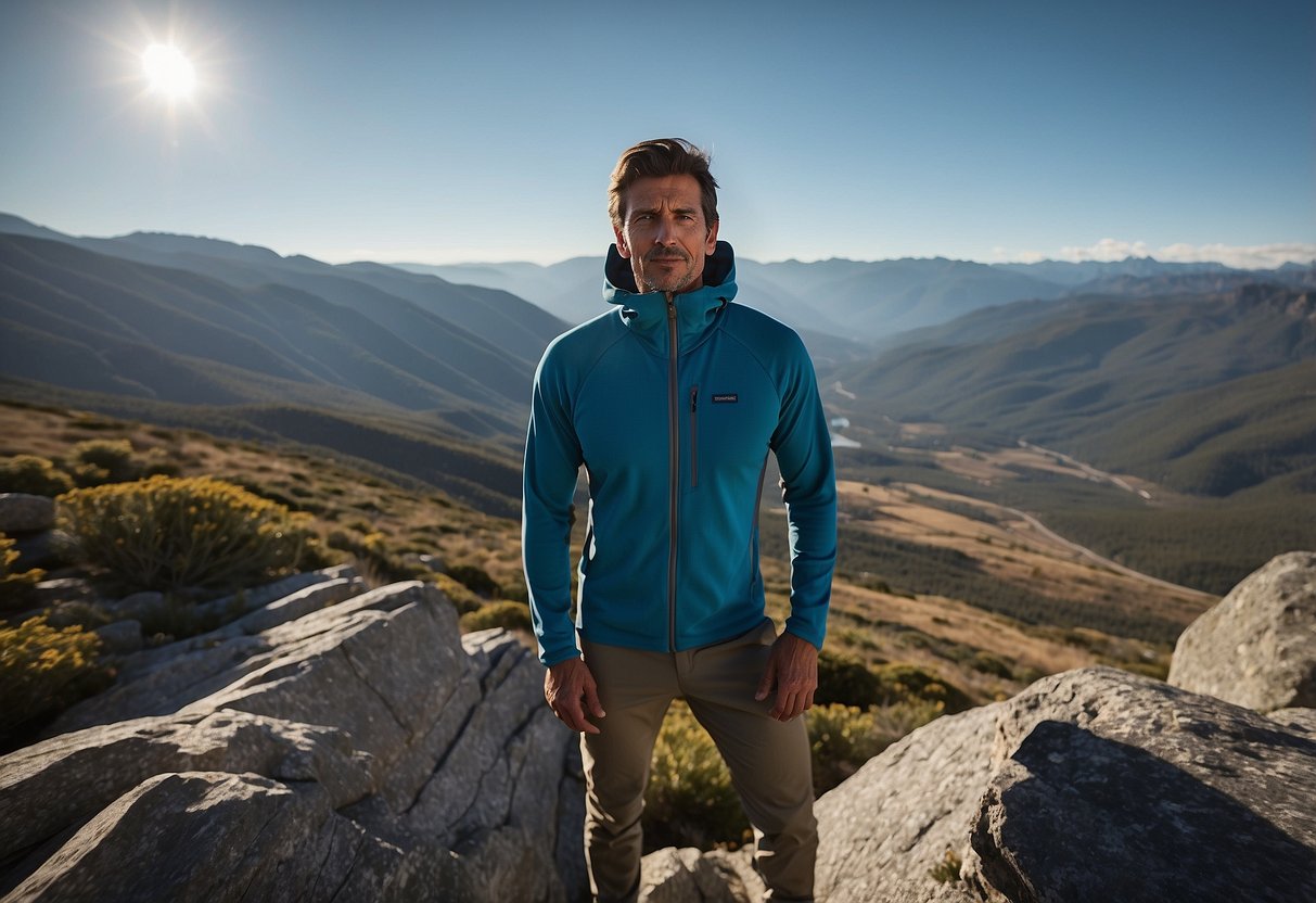 A climber stands on a rocky cliff wearing the Patagonia R1 Air Hoody, with mountains in the background. The lightweight apparel allows for ease of movement as the climber tackles the challenging terrain