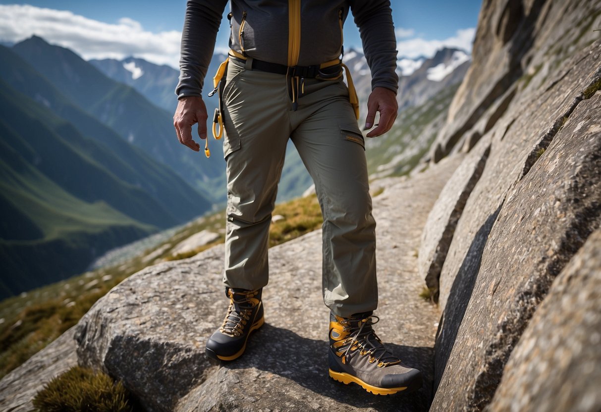 A climber stands at the base of a steep rock face, wearing Mammut Massone Pants. The lightweight, durable fabric allows for easy movement as they prepare to ascend