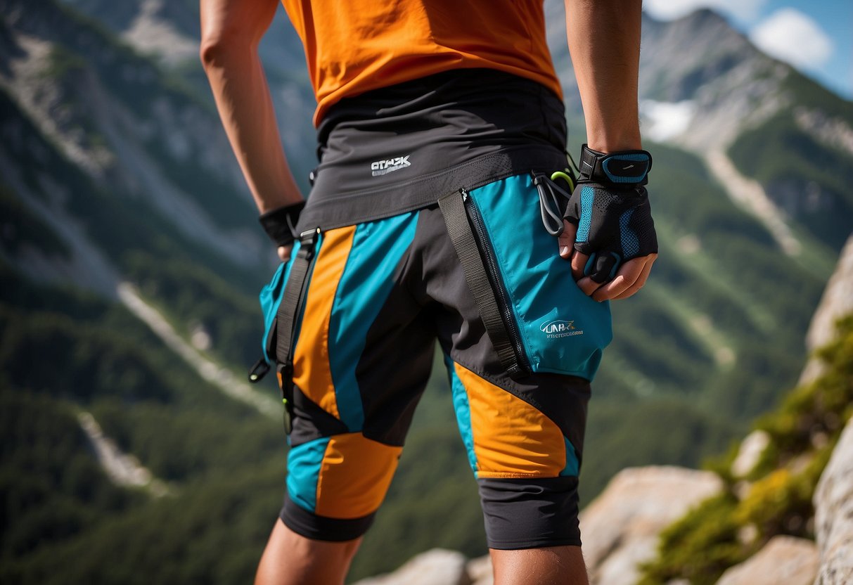 The lightweight climbing apparel features include breathable fabric, reinforced stitching, adjustable straps, and multiple pockets. The apparel is designed for comfort and durability during climbing activities