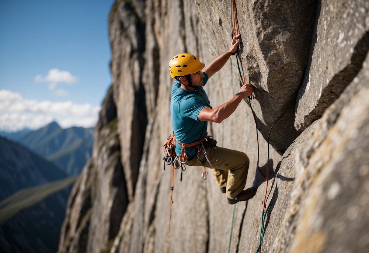 A climber effortlessly moves up a steep rock face in lightweight, well-fitting apparel, showcasing the importance of proper fit and comfort in climbing gear