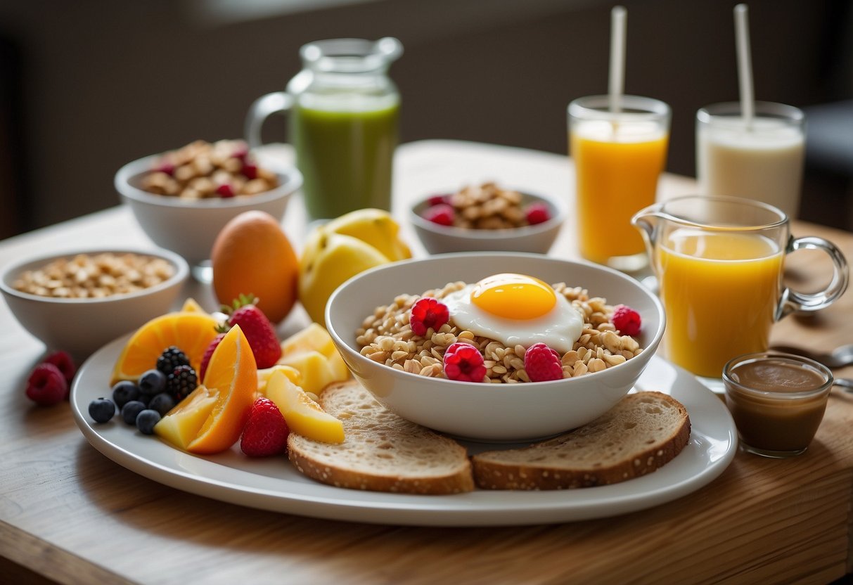 A table set with a variety of breakfast items: oatmeal, fruit, yogurt, eggs, toast, and smoothies. A backpack and climbing gear sit nearby