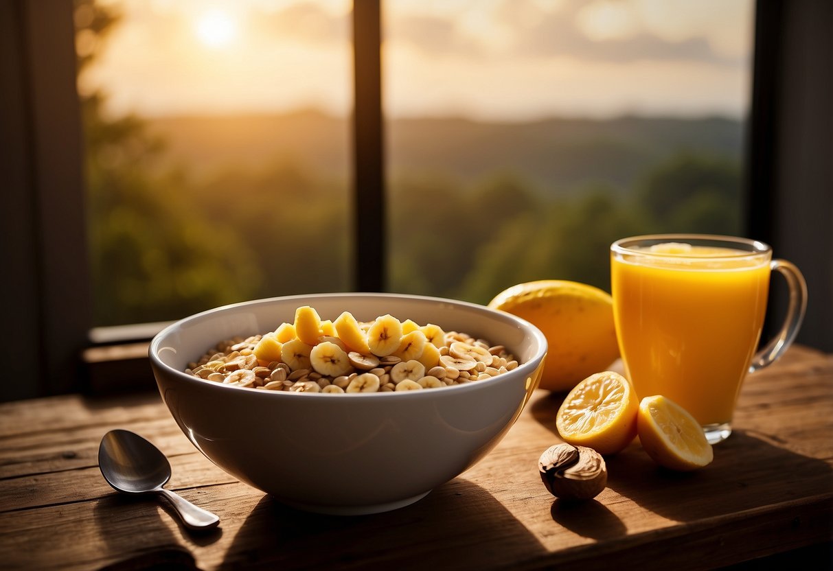 A bowl of oatmeal topped with sliced bananas and nuts sits on a wooden table, surrounded by a mug of steaming coffee and a glass of orange juice. Sunrise streams through a window, casting a warm glow over the scene