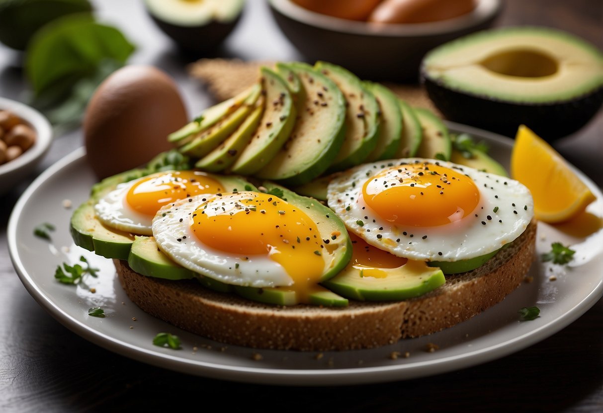 A plate with whole wheat toast topped with avocado slices and eggs, surrounded by a variety of energizing breakfast ingredients