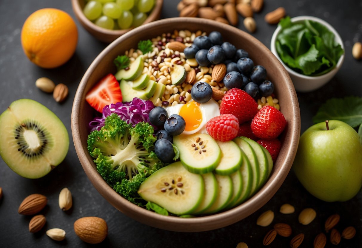 A colorful quinoa breakfast bowl with assorted veggies arranged in a circular pattern, surrounded by fresh fruits and nuts