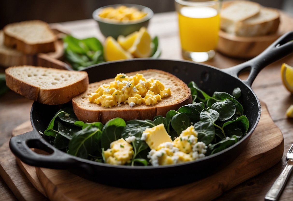 A skillet sizzles with fluffy scrambled eggs mixed with vibrant green spinach and crumbled feta cheese. A plate of toast and fresh fruit sits nearby, ready to fuel a day of climbing