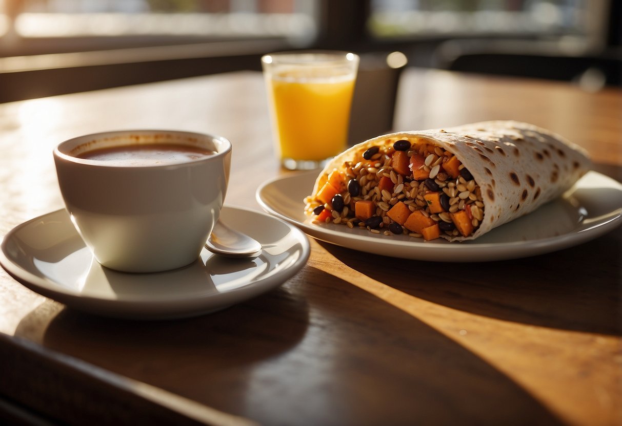 A colorful sweet potato and black bean burrito sits on a plate next to a cup of coffee and a granola bar. The sun shines through a window, casting a warm glow on the breakfast spread