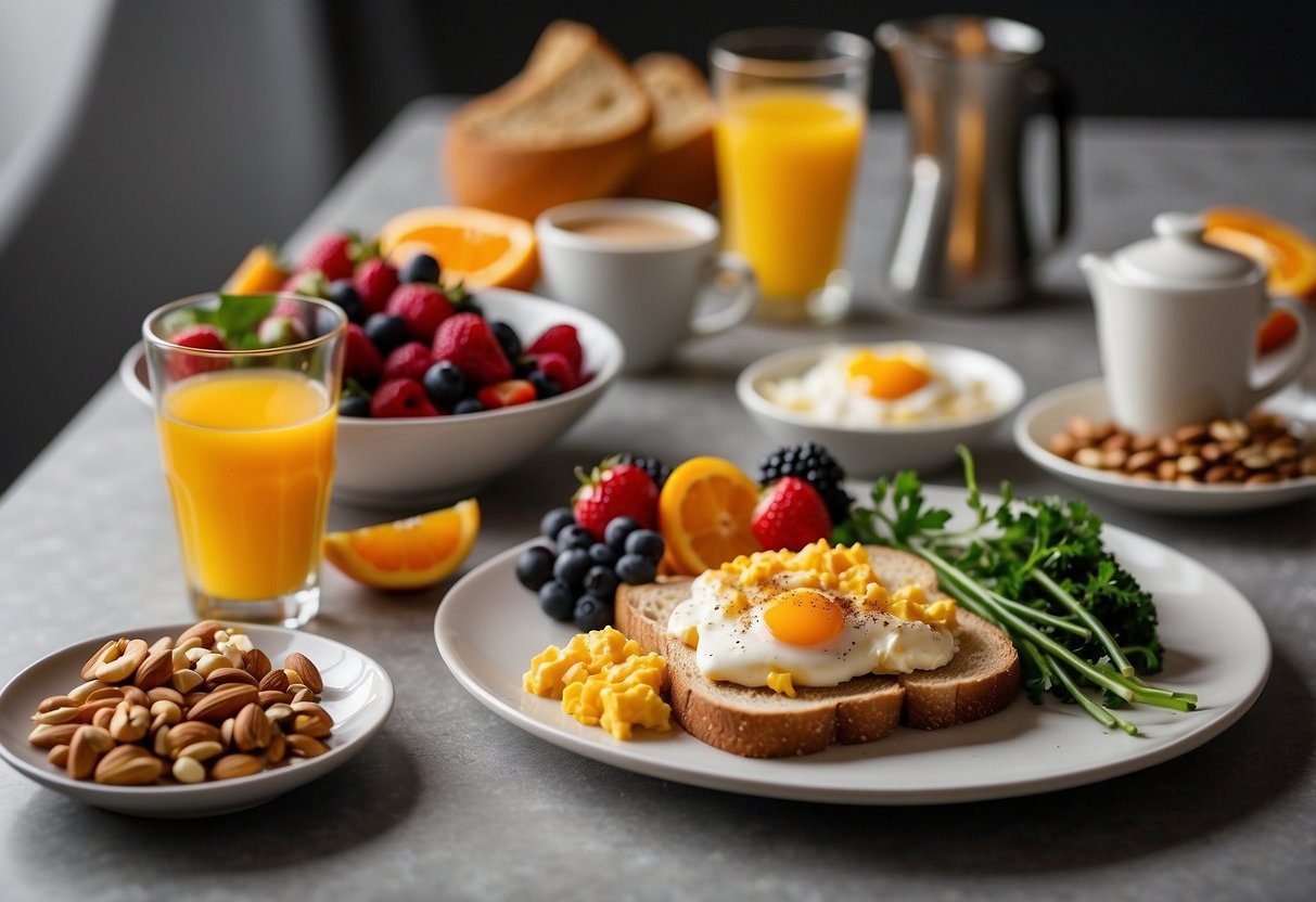 A table set with whole grain toast, fruit, yogurt, and nuts. A glass of orange juice and a cup of coffee sit beside a plate of scrambled eggs and vegetables