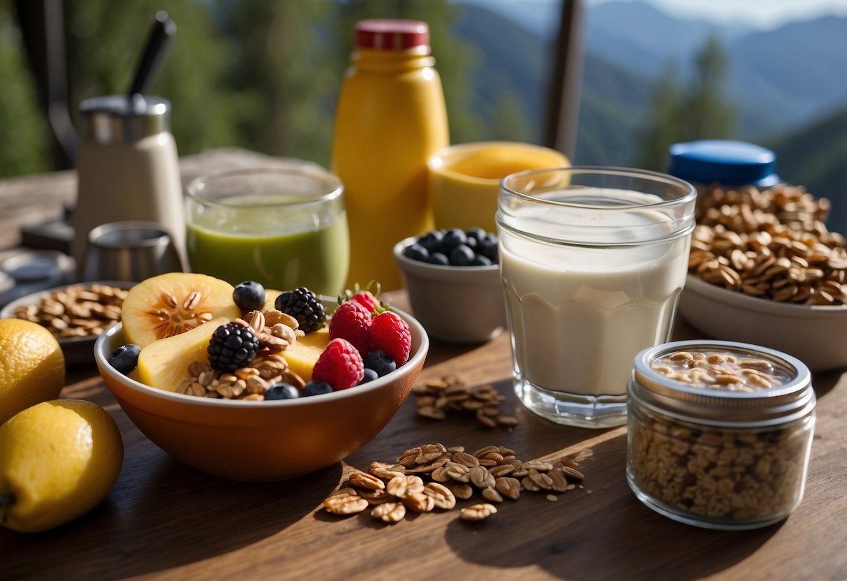 A table set with a variety of breakfast options: oatmeal, fruit, yogurt, nuts, and granola bars. A water bottle and thermos sit alongside, ready for climbers to fuel up before their ascent