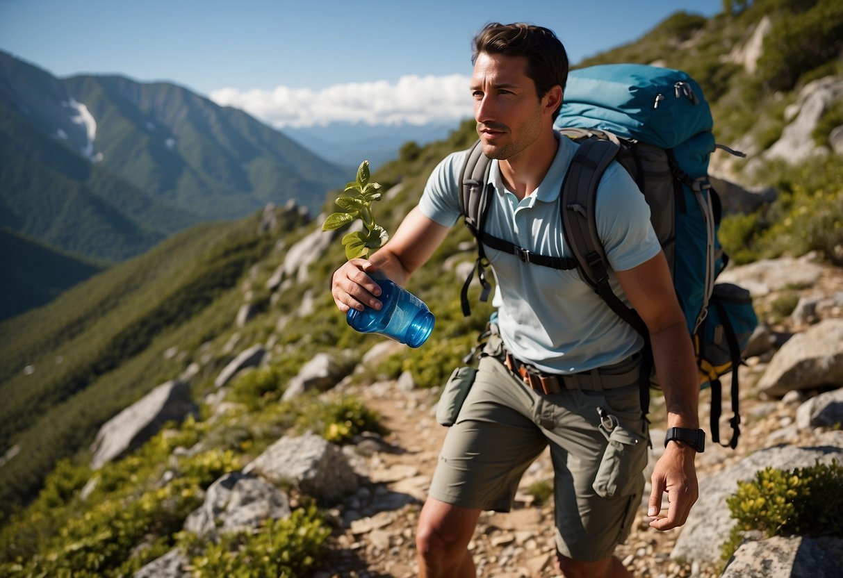 A climber with a water bottle attached to their backpack, taking a sip while ascending a rocky trail. Sun shines overhead, casting shadows on the path. Lush greenery surrounds the trail, with a clear blue sky in the background