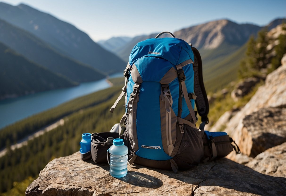 A hydration pack sits on a rocky ledge, surrounded by climbing gear. A water bottle and snacks are visible nearby. The sun shines down on the rugged landscape