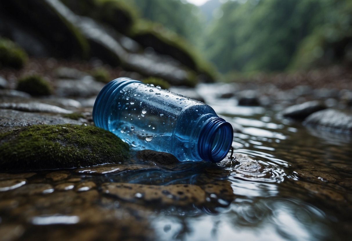 A water bottle sits next to a climbing harness. Drops of water fall from the bottle, creating ripples in a small puddle on the ground