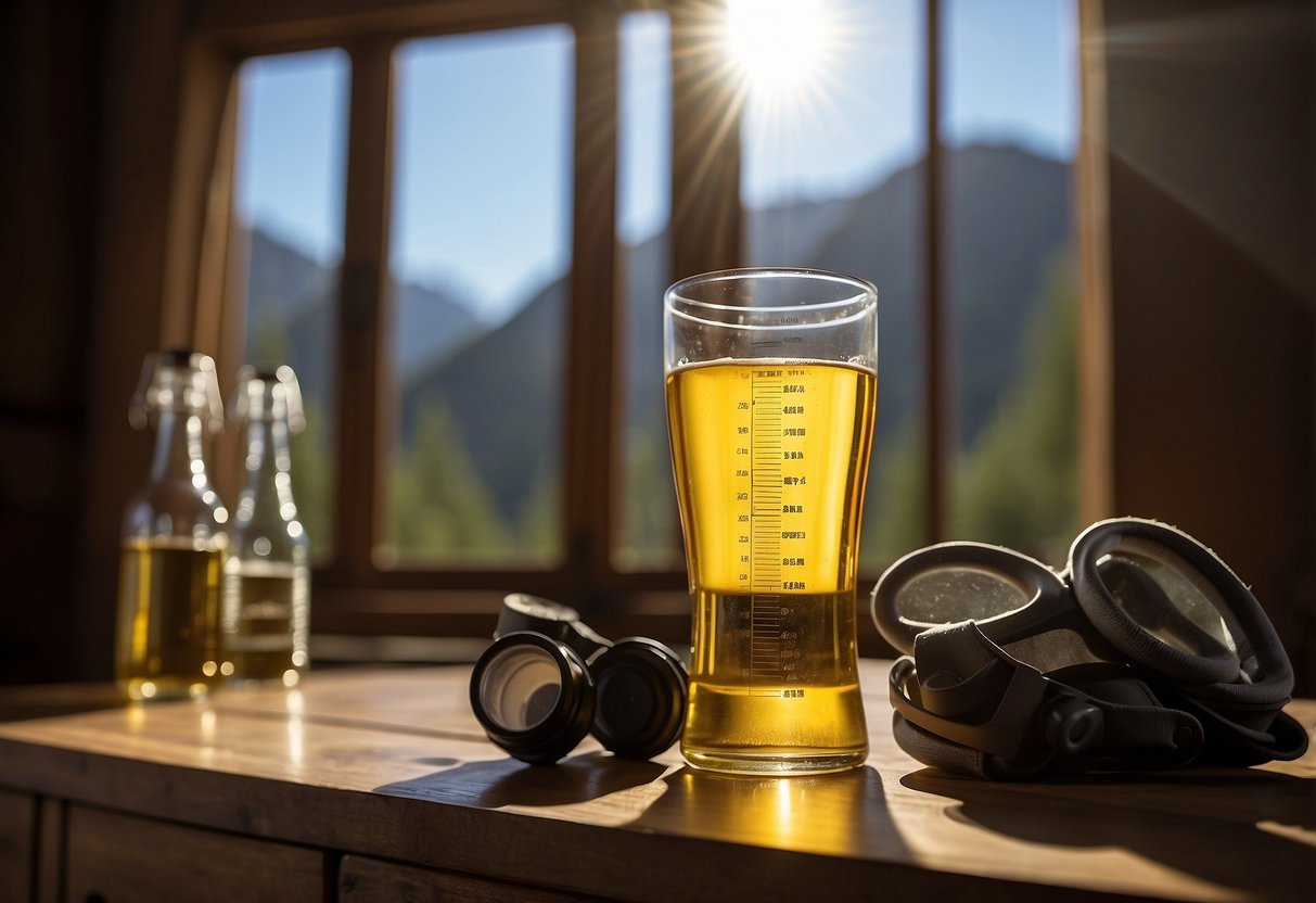 A clear glass of urine next to a water bottle and climbing gear. The color chart for urine is displayed nearby. Sunlight streams through a window onto the scene