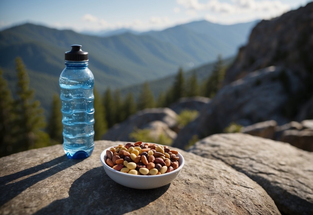 A water bottle and a trail mix bar sit on a rock ledge. In the background, a climber ascends a rocky cliff