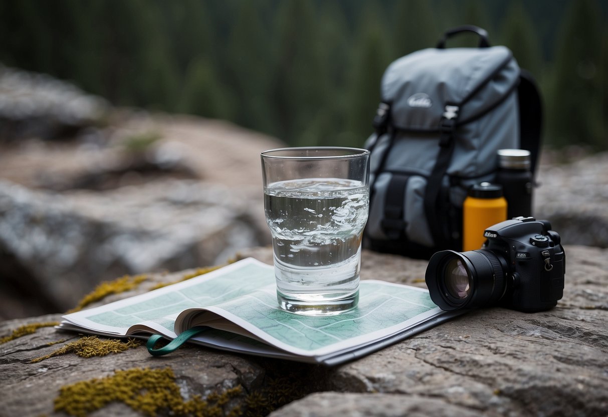 A full glass of water sits on a rocky ledge next to climbing gear and a trail map