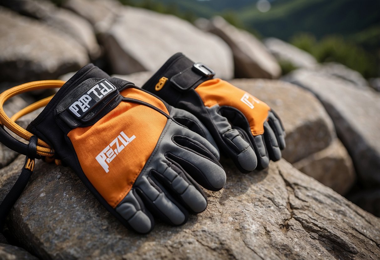 A pair of Petzl CORDEX PLUS gloves lies on a rocky surface, surrounded by climbing gear and ropes. The gloves are sturdy and protective, with reinforced palms and fingers