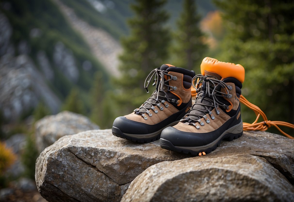 A pair of Outdoor Research Splitter Gloves rests on a rocky ledge, surrounded by climbing gear and ropes. The gloves are durable and protective, perfect for scaling challenging rock faces