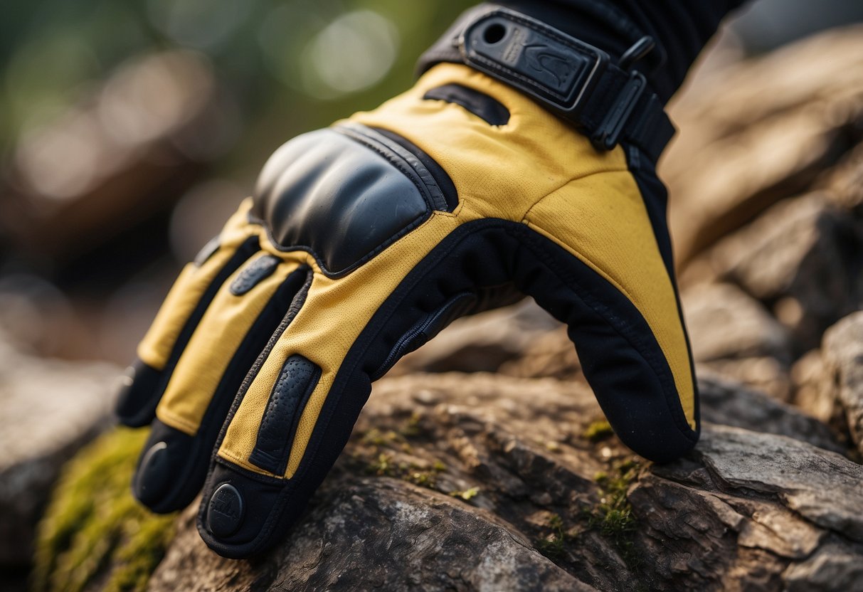 A rugged glove with reinforced fingers, designed for climbing protection