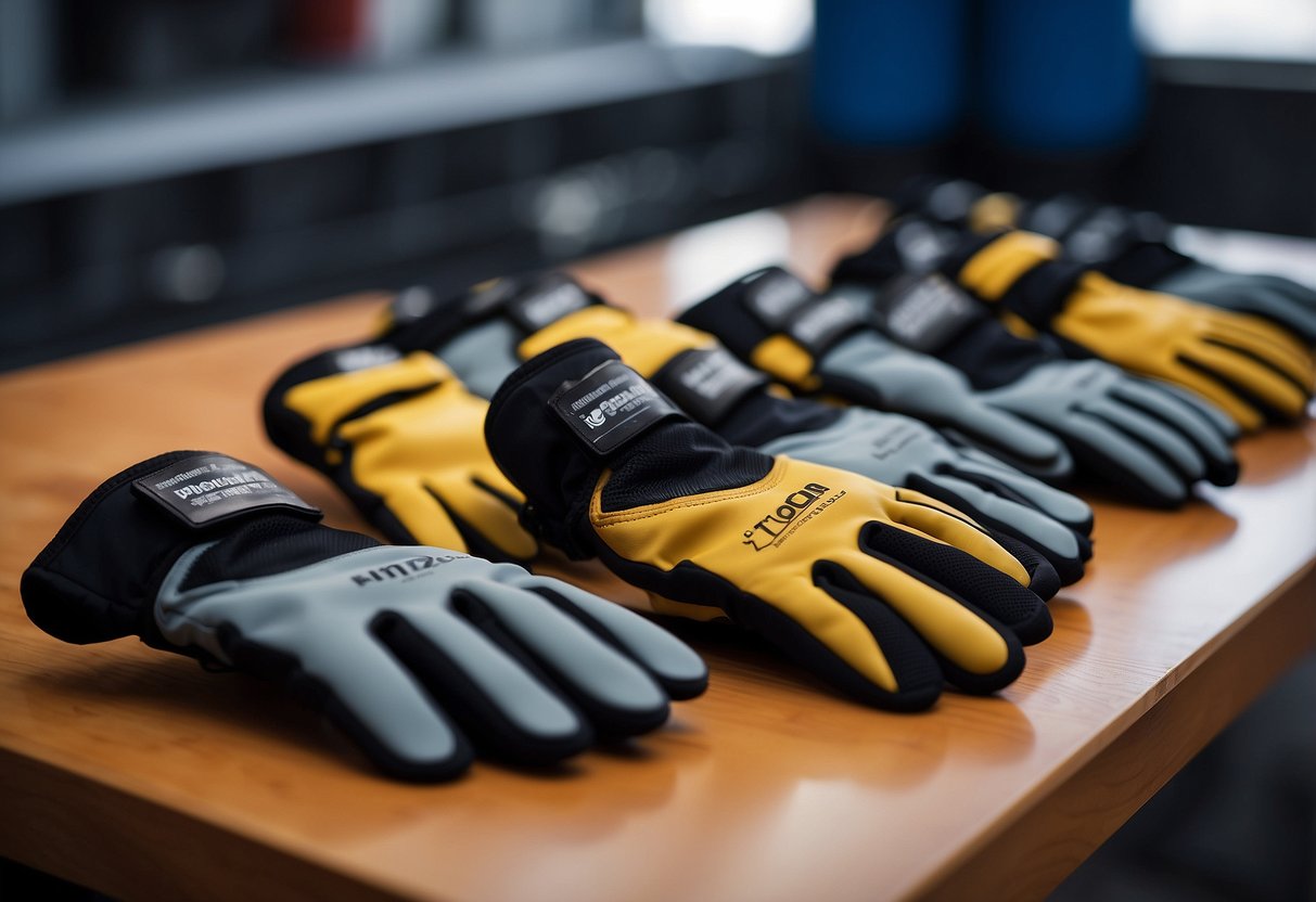 A table with five pairs of climbing gloves, each labeled as "Best for Protection." The gloves have reinforced palms and fingers, adjustable wrist straps, and breathable mesh panels for ventilation