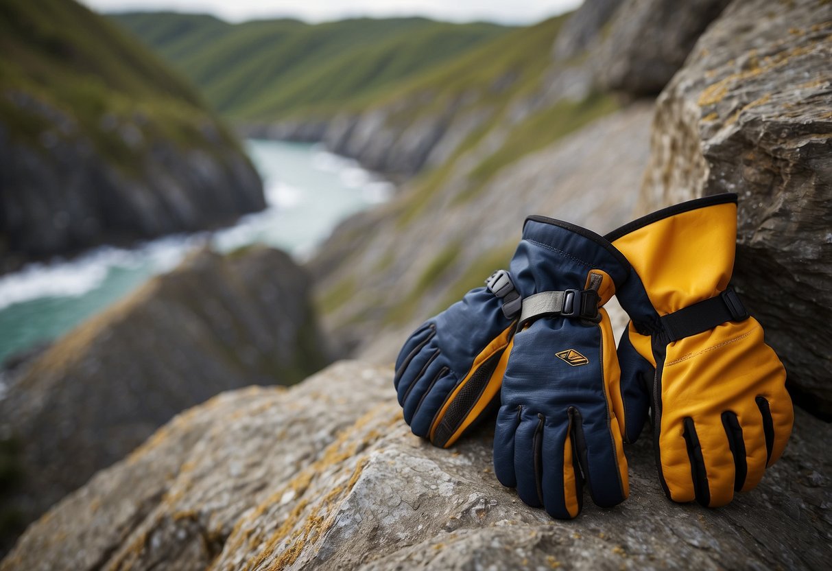 Climbing gloves provide protection. A rocky cliff looms ahead, with a pair of gloves resting on the edge, ready for use