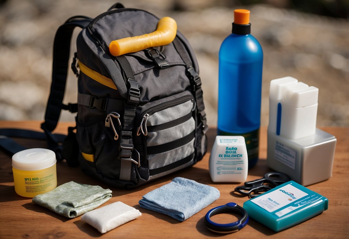 A rock climber's backpack open, revealing first aid items: bandages, antiseptic wipes, splint, scissors, gloves, pain relievers, and a first aid manual