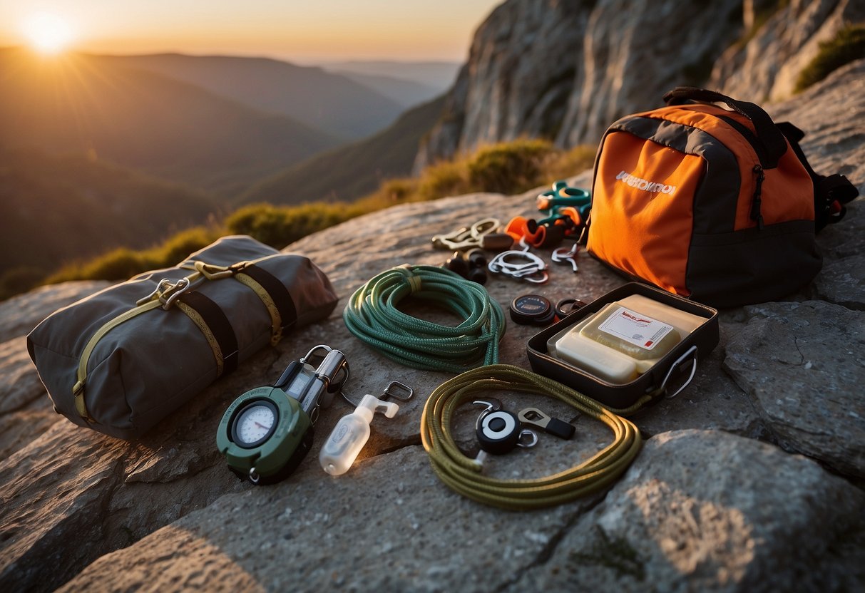 A rocky cliff with climbing gear scattered on the ground, including a compact first aid kit, rope, and carabiners. The sun is setting in the background, casting a warm glow on the scene