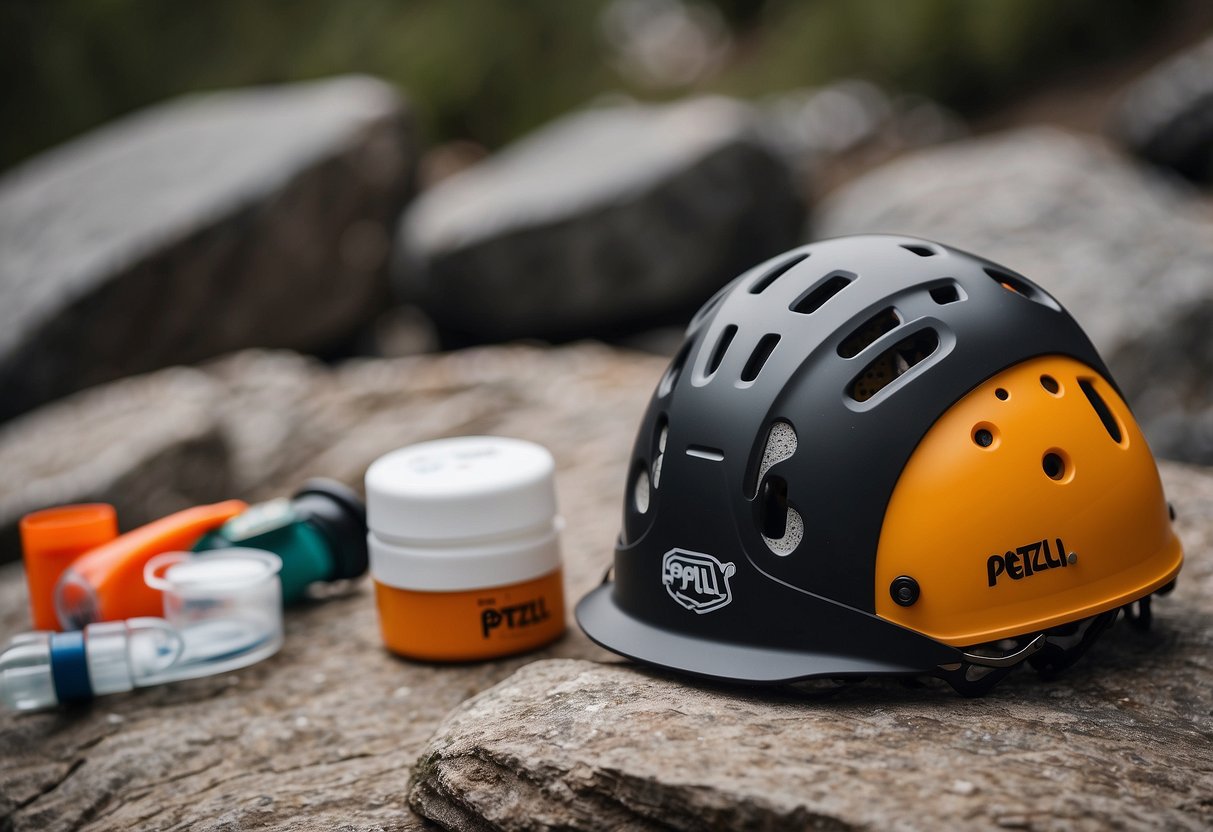 A Petzl ELIA climbing helmet sits next to 10 essential first aid items on a rocky ledge