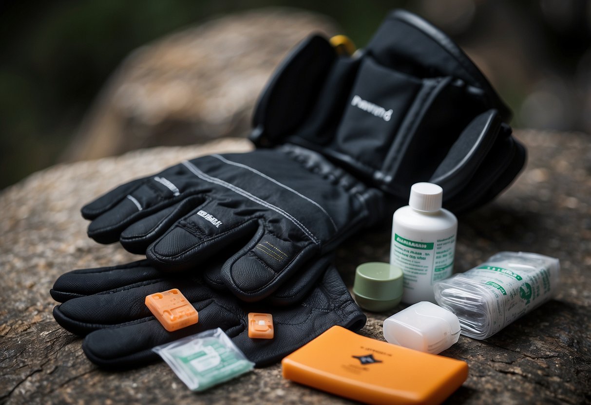 A pair of Black Diamond half-finger climbing gloves lies next to a collection of essential first aid items for rock climbing