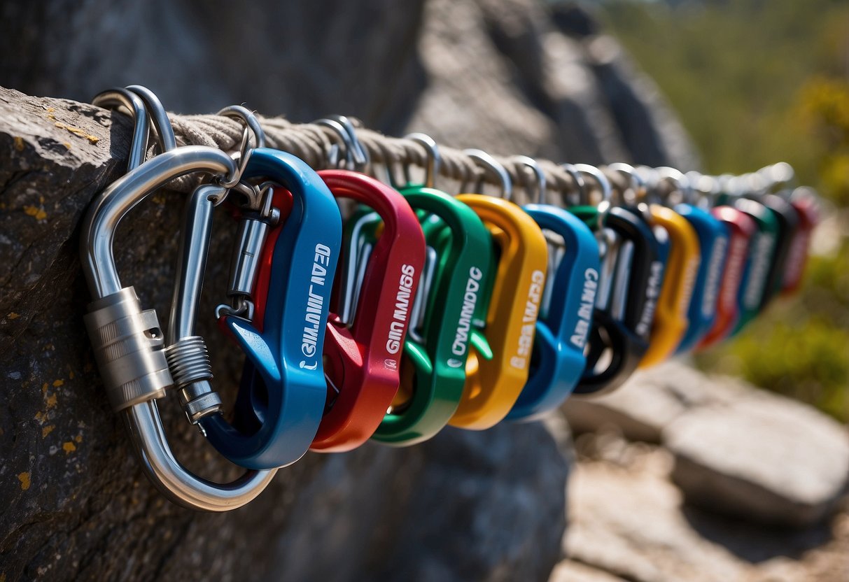 Ten Photon Wire carabiners hang from a climbing harness. Nearby, essential first aid items are neatly organized on a rock ledge