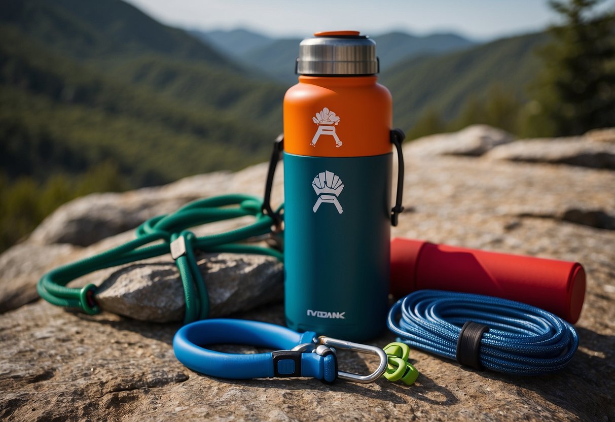 A Hydro Flask water bottle sits next to a pile of first aid items on a rocky ledge, with climbing ropes and carabiners in the background