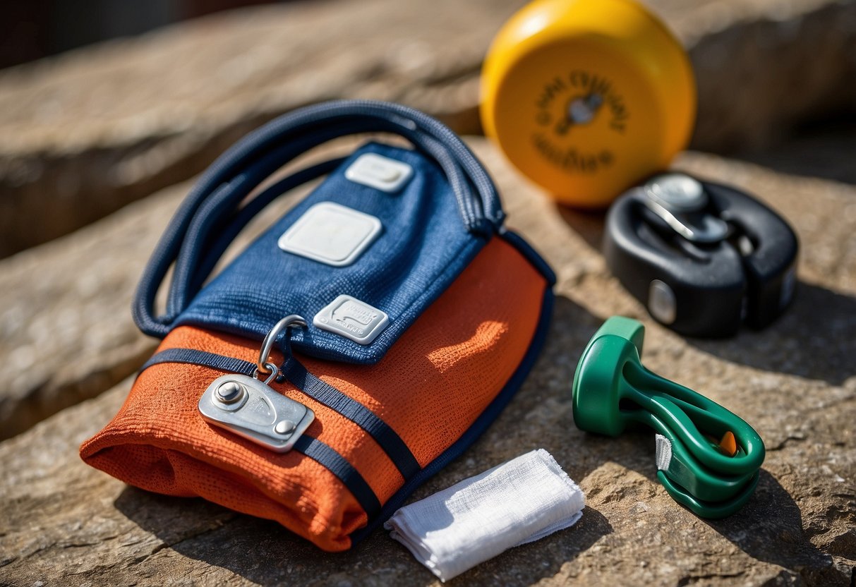 A Petzl Grigri belay device sits next to a set of 10 essential first aid items for rock climbing, including bandages, tape, and antiseptic wipes