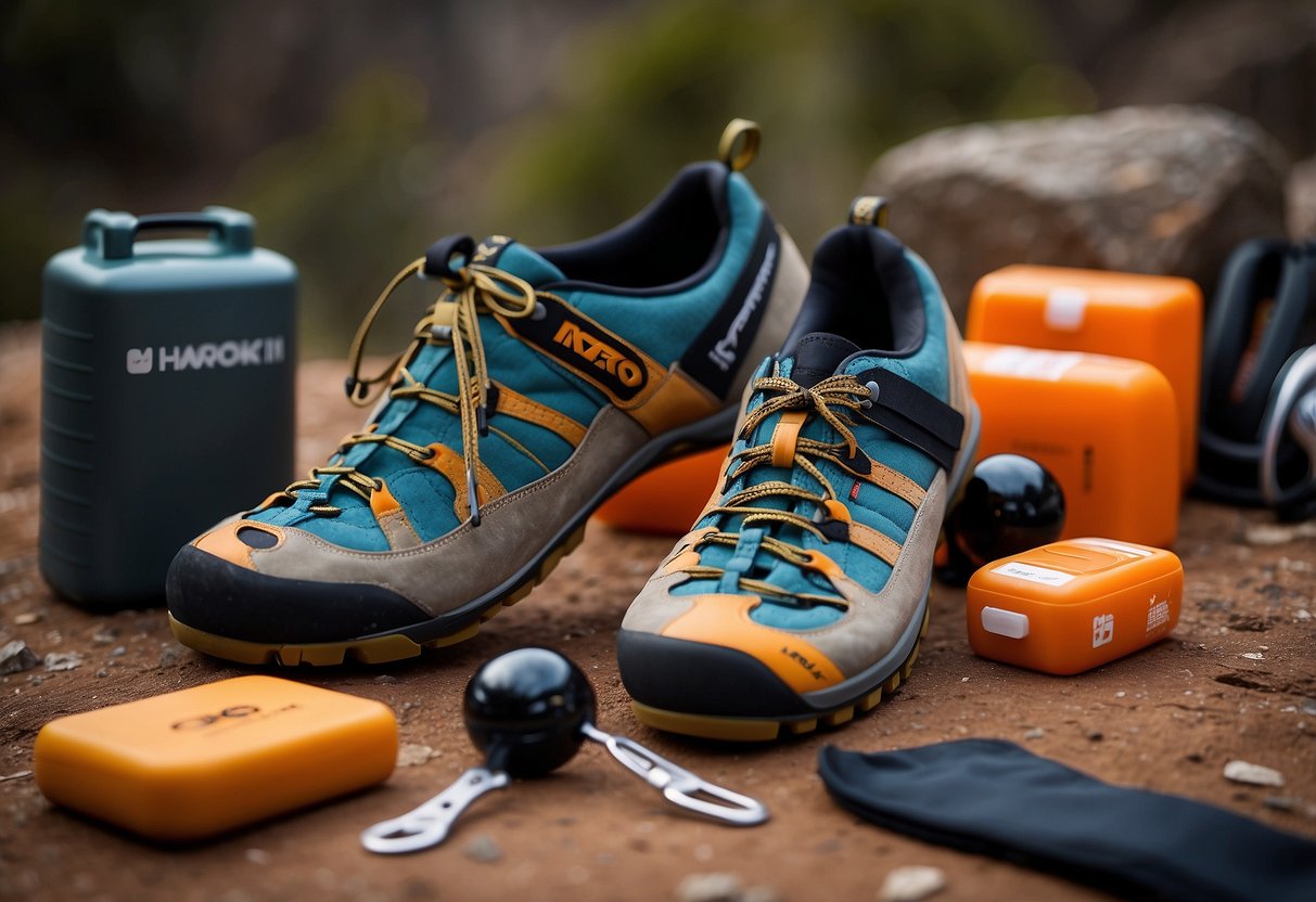 A pair of Five Ten Anasazi LV climbing shoes sits next to a collection of essential first aid items for rock climbing