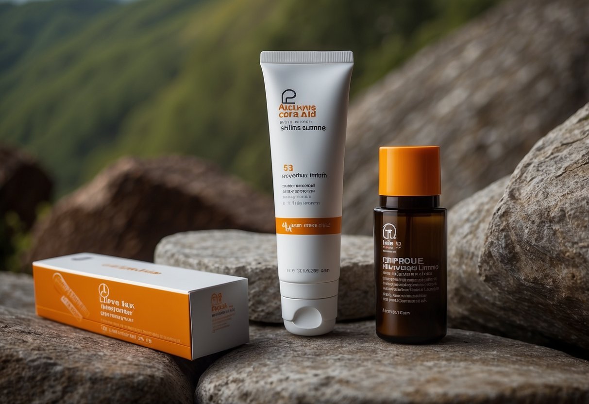 A tube of Climb Skin Hand Cream sits among 10 essential first aid items for rock climbing