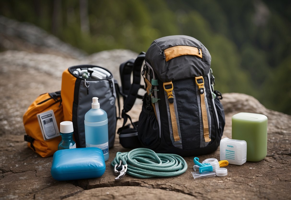 A rock climber's backpack open, revealing first aid items: bandages, antiseptic, splint, scissors, and more. Rope and carabiners hang nearby