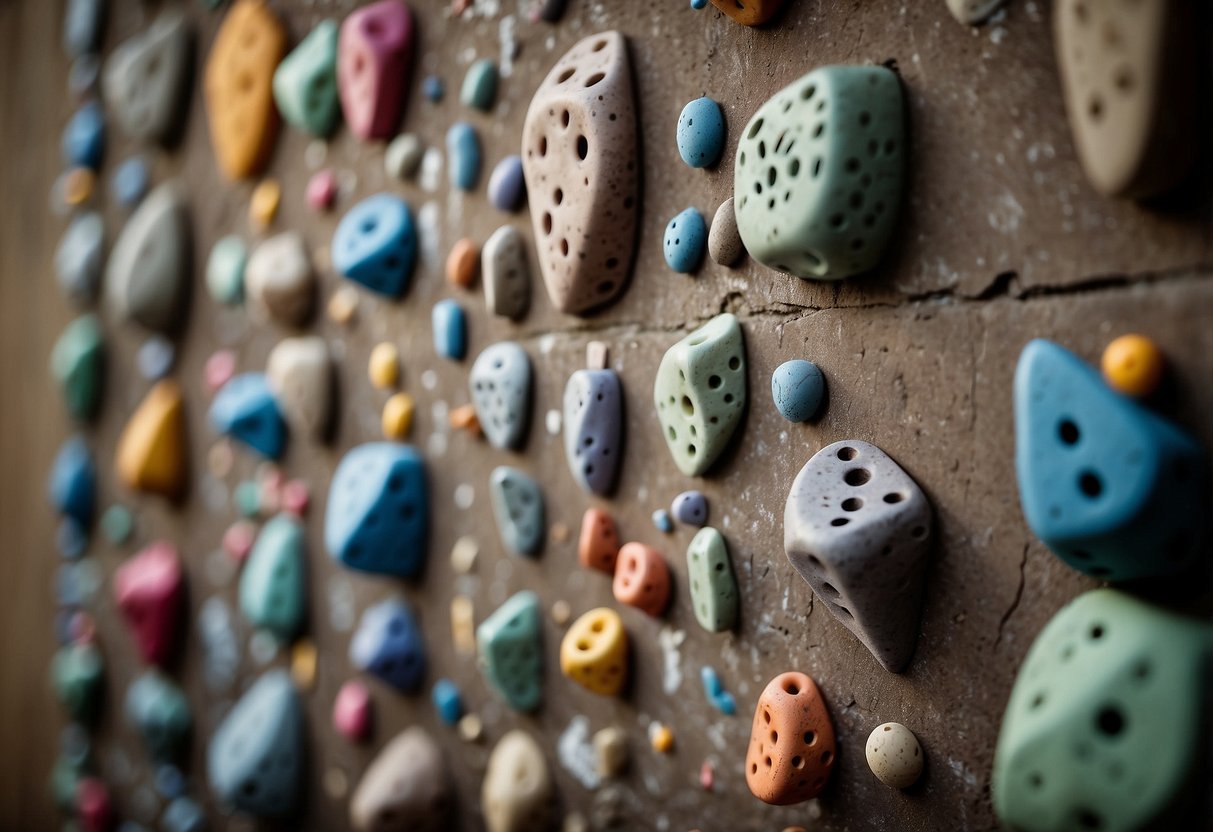 Climbing holds of various shapes and sizes are arranged on a vertical wall. Colored tape marks different routes, each with unique challenges. A climber's chalk bag sits at the base