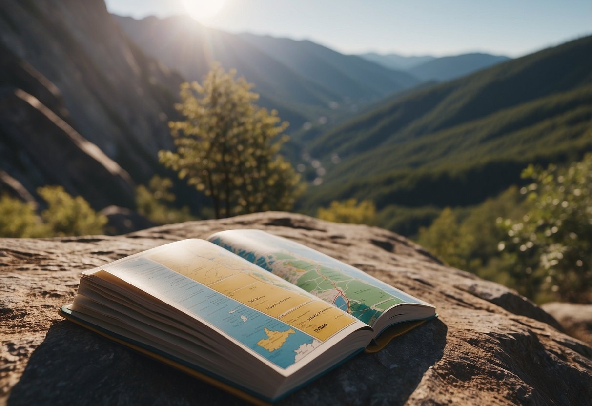 Clear sky, gentle breeze, and warm sun. Climbing routes marked with colorful flags. Guidebook and map in hand