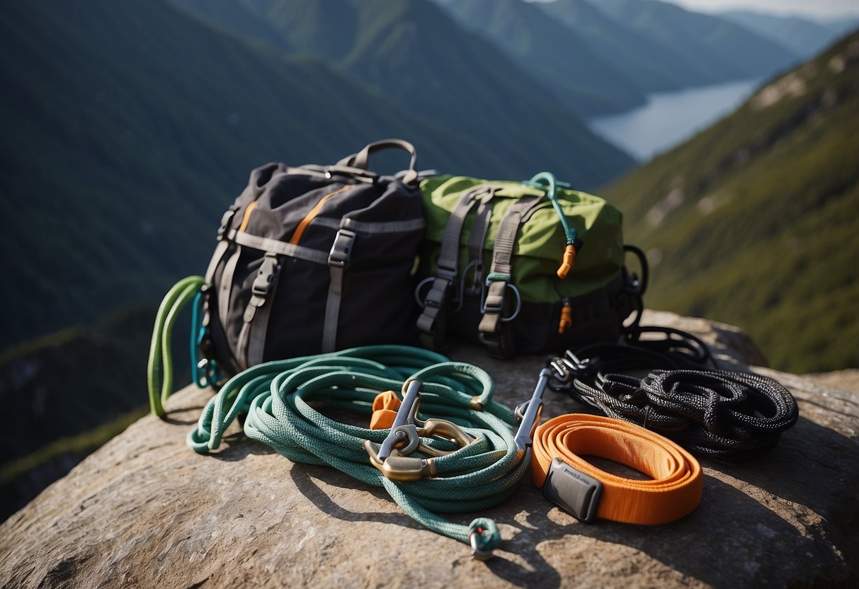 Climbing gear laid out on a rocky ledge, with a rope coiled neatly, carabiners clipped to a harness, and chalk bag hanging from a nearby hook