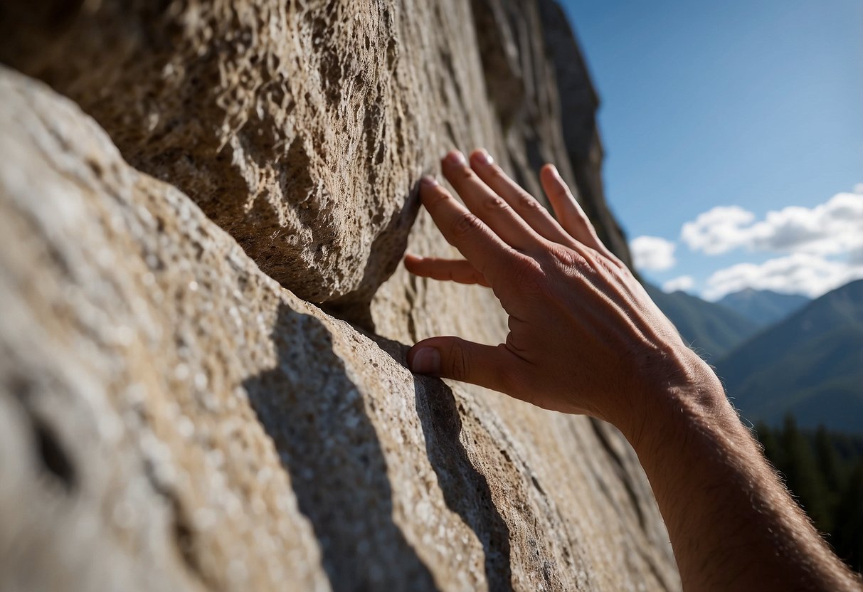 A climber's hand reaches for a small, jutting ledge on a steep rock face. Chalk dust clouds the air as the fingers grip the rough surface, navigating the climbing route with precision