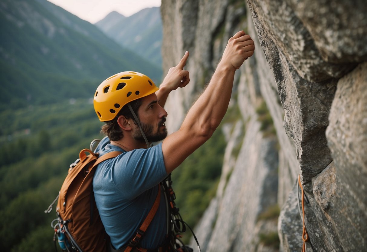 A climber communicates with partners, pointing out climbing routes. Hand signals and verbal cues guide the team up the rock face