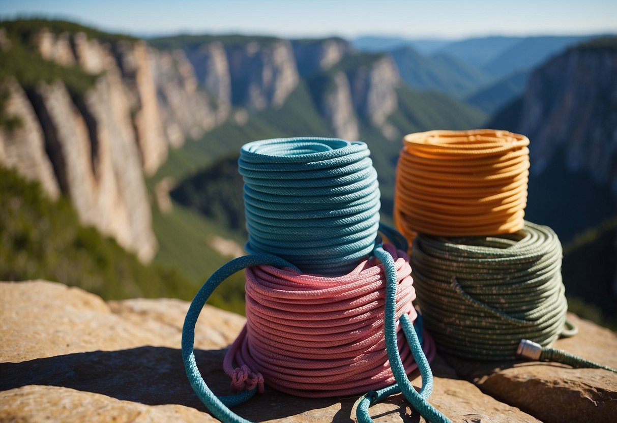 Brightly colored climbing ropes neatly coiled on a rocky ledge, with a backdrop of towering cliffs and a clear blue sky