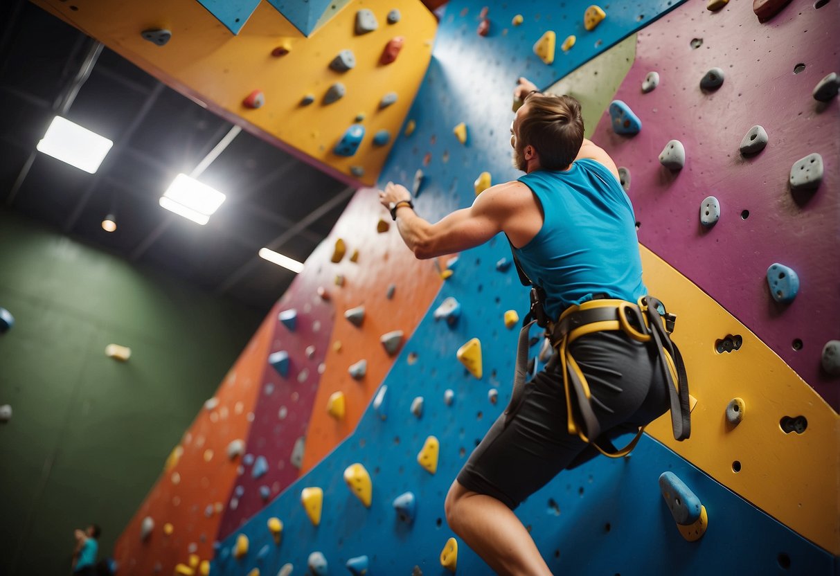 Climbing wall with 10 challenging routes of varying difficulty, colorful holds, and diverse angles